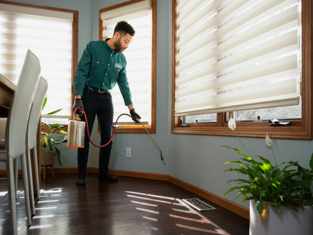 technician spraying interior of home - IPM general pest control service